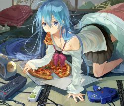 Rule 34 | 10s, 1girl, alarm clock, bare shoulders, black skirt, blue eyes, blue hair, bow, bowtie, box, breasts, cable, clock, collared shirt, controller, cushion, denpa onna to seishun otoko, dress shirt, electric plug, electrical outlet, eyebrows, food, food in mouth, from above, futon, game controller, hair between eyes, long hair, long sleeves, looking at viewer, loose bowtie, loose clothes, loose shirt, matching hair/eyes, messy hair, miniskirt, mouth hold, nintendo, off shoulder, pizza, pleated skirt, remote control, school uniform, scroll, shadow, shirt, skirt, sliding doors, small breasts, solo, tamu (tamurarucaffe1226), tatami, touwa erio, white shirt
