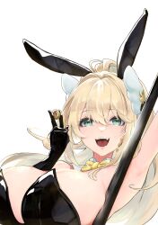 Rule 34 | 1girl, :d, animal ears, armpits, black gloves, black leotard, blonde hair, bow, bowtie, breasts, cleavage, coin, detached collar, elbow gloves, fake animal ears, gloves, goddess of victory: nikke, green eyes, hair between eyes, hair intakes, hair ornament, highres, jackmackerel aji, large breasts, leotard, long hair, looking at viewer, official alternate costume, open mouth, playboy bunny, pole, ponytail, rabbit ears, rupee (nikke), rupee (rabbit deluxe) (nikke), smile, solo, strapless, strapless leotard, white background, yellow bow, yellow bowtie
