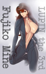 Rule 34 | 1girl, areola slip, bodysuit, breasts, brown eyes, brown hair, character name, choker, cleavage, copyright name, female focus, large breasts, lips, long hair, long sleeves, looking at viewer, lupin iii, mine fujiko, navel, no bra, open bodysuit, open clothes, parted lips, sidelocks, signature, solo, squatting, wakino keibun