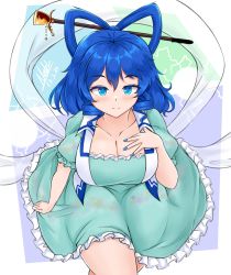 Rule 34 | 1girl, absurdres, aqua dress, blue eyes, blue hair, blue nails, breasts, chisel, cleavage, closed mouth, crossed legs, dated, dress, drill hair, drill sidelocks, frilled dress, frills, from above, hair ornament, hair rings, hair stick, hand on own chest, highres, kaku seiga, large breasts, looking at viewer, medium hair, multicolored background, nail polish, natch imaycz, puffy short sleeves, puffy sleeves, shawl, short sleeves, sidelocks, signature, simple background, sitting, smile, solo, touhou, vest, white background, white vest