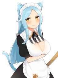 Rule 34 | 1girl, animal ears, apron, black dress, black ribbon, blue hair, blush, braid, breasts, broom, cat ears, cat tail, cleavage, cleavage cutout, closed mouth, clothing cutout, cowboy shot, dress, fang, french braid, frilled apron, frills, highres, large breasts, light blue hair, long hair, looking at viewer, maid, maid headdress, neck ribbon, nezuko, original, parted bangs, paw print, puffy short sleeves, puffy sleeves, ribbon, short sleeves, sidelocks, simple background, solo, striped, tail, white apron, white background, wing collar, yellow eyes