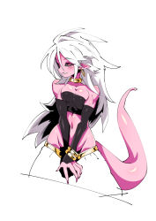 Rule 34 | 1girl, abs, android 21, black sclera, black sleeves, breast press, breasts, colored sclera, colored skin, detached sleeves, dragon ball, earrings, fingernails, gold choker, highres, jewelry, kaminari, large breasts, looking at viewer, majin android 21, midriff, pants, pink skin, red eyes, shiny skin, simple background, smile, strapless, tail, tube top, white hair, white pants