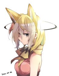 Rule 34 | 1girl, adapted costume, animal ear fluff, animal ears, blonde hair, bow, bowtie, commentary request, dated, extra ears, fennec (kemono friends), fox ears, fox girl, grey eyes, highres, kemono friends, looking at viewer, multicolored hair, nanana (nanana iz), pink sweater, profile, short hair, simple background, sleeveless, solo, sweater, upper body, white background, white hair, yellow bow, yellow bowtie