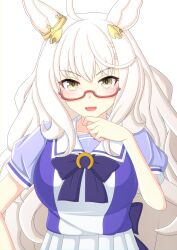 Rule 34 | 1girl, 2-butani, absurdres, ahoge, animal ears, biwa hayahide (umamusume), bow, bowtie, breasts, closed mouth, commentary request, ear ornament, elbow rest, glasses, grey hair, hair ornament, hand on own chin, hand up, highres, horse ears, horse girl, long hair, looking at viewer, purple shirt, red-framed eyewear, sailor collar, school uniform, semi-rimless eyewear, shirt, short sleeves, skirt, small breasts, solo, sparkle, stroking own chin, tinted eyewear, tracen school uniform, umamusume, upper body, v-shaped eyebrows, white skirt, yellow eyes