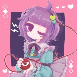 Rule 34 | 1girl, :o, absurdres, ahoge, black bow, black bowtie, black hairband, blue shirt, bow, bowtie, buttons, collared shirt, commentary, frilled shirt collar, frilled skirt, frills, hair ornament, hairband, hands up, heart, heart button, heart hair ornament, highres, holding, komeiji satori, lightning bolt symbol, long sleeves, looking at viewer, noreazon41, one eye closed, pink skirt, purple eyes, purple hair, red eyes, shirt, short hair, skirt, sleeve cuffs, solo, third eye, touhou, twitter username, upper body