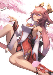 Rule 34 | 1girl, animal ears, announ (kurotya), bad id, bad twitter id, bare shoulders, blouse, blush, breasts, detached sleeves, fox ears, genshin impact, hair ornament, highres, japanese clothes, jewelry, kimono, large breasts, long hair, looking at viewer, necklace, open mouth, pendant, pink hair, purple eyes, red skirt, shirt, sidelocks, sitting, skirt, sleeveless, sleeveless kimono, sleeveless shirt, smile, solo, thighs, very long hair, white kimono, white shirt, wide sleeves, yae miko