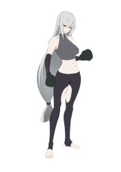 Rule 34 | 1girl, alternate costume, arknights, black pantyhose, boxing gloves, breasts, clothing cutout, commentary request, commission, crop top, full body, grey shirt, hair between eyes, highres, large breasts, long hair, looking at viewer, low-tied long hair, midriff, navel, no headwear, pantyhose, pixiv commission, red eyes, shirt, silver hair, simple background, skadi (arknights), sleeveless, sleeveless shirt, solo, standing, stomach, thigh cutout, thighs, toeless legwear, very long hair, white background, xllam