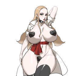 Rule 34 | 1girl, absurdres, blonde hair, breasts, creatures (company), curvy, deep skin, game freak, heart pasties, highres, huge breasts, lips, lipstick, long hair, looking at viewer, maebari, makeup, maniacpaint, navel, nintendo, oleana (pokemon), pasties, plump, pokemon, pokemon swsh, sagging breasts, simple background, solo, thick thighs, thighs, white background, wide hips