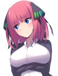 Rule 34 | 1girl, arms under breasts, black ribbon, blue eyes, blunt bangs, breasts, butterfly hair ornament, cardigan, crossed arms, frown, go-toubun no hanayome, hair ornament, head tilt, highres, large breasts, looking away, nakano nino, nyomosuke, open cardigan, open clothes, pink hair, purple cardigan, ribbon, shirt, simple background, twintails, v-shaped eyebrows, white background, white shirt
