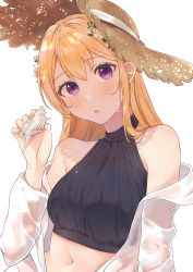 Rule 34 | 1girl, absurdres, bang dream!, bare shoulders, bikini, black bikini, blonde hair, blush, breasts, flower, hair flower, hair ornament, halterneck, hamatsuka nao, hand up, hat, hat ribbon, head tilt, highres, holding, holding shell, jewelry, long hair, long sleeves, looking at viewer, medium breasts, navel, off shoulder, open clothes, open shirt, parted lips, purple eyes, ribbon, ring, seashell, see-through, shade, shell, shirasagi chisato, shirt, simple background, solo, stomach, straw hat, sun hat, swimsuit, upper body, water drop, white background, white flower, white ribbon, white shirt