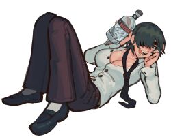 Rule 34 | 1girl, alcohol, black footwear, black hair, black necktie, black pants, blush, breasts, chainsaw man, cleavage, collared shirt, commission, drooling, elbow rest, eyepatch, hand rest, highres, himeno (chainsaw man), large breasts, liowig, looking at viewer, necktie, open mouth, pants, partially unbuttoned, saliva, shirt, short hair, simple background, smile, solo, undone necktie, white background, white shirt