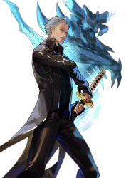 Rule 34 | 1boy, black coat, black gloves, blue eyes, blue fire, coat, devil may cry (series), devil may cry 5, devil trigger, diffraction spikes, fingernails, fire, gloves, glowing, glowing eye, gold trim, grey hair, hair slicked back, highres, holding, holding sheath, holding sword, holding weapon, katana, male focus, open clothes, open coat, parted lips, red9, scabbard, scales, sheath, solo, spoilers, sword, vergil (devil may cry), weapon, white background, yellow eyes
