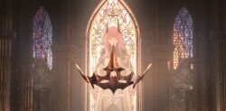 Rule 34 | 1girl, absurdres, arknights, closed eyes, closed mouth, day, dress, facing viewer, hair intakes, highres, horns, indoors, jueduihuoli, long sleeves, pink hair, solo, stained glass, statue, sunlight, theresa (arknights), white dress