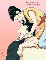 Rule 34 | 1boy, 1girl, aqua pants, bare arms, black hair, black tank top, bracelet, chi-chi (dragon ball), chi (cmon 57), chinese clothes, couple, dragon ball, dragonball z, earrings, english text, eye contact, fingernails, from side, hair bun, hair slicked back, hands on another&#039;s shoulders, head back, hetero, high collar, highres, jewelry, leaning forward, looking at another, looking down, looking up, muscular, muscular male, obi, outline, pants, parted lips, pectorals, pink background, profile, red sash, sash, side slit, simple background, single hair bun, sleeveless, smile, son goku, spiked hair, tank top, upper body, white outline