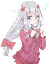 Rule 34 | 10s, 1girl, blue eyes, blush, bow, breasts, commentary request, eromanga sensei, hair bow, hair ribbon, highres, izumi sagiri, jacket, long hair, looking at viewer, pink bow, ribbon, sidelocks, silver hair, simple background, sketch, small breasts, solo, upper body, white background