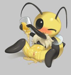 Rule 34 | 1girl, antennae, bee, blush, bug, bug fables, closed mouth, female focus, full body, fur, grey background, highres, holding, holding jar, honey, insect, insect wings, jar, lying, no humans, on back, one eye closed, pouring, pouring onto self, pussy, simple background, smile, solo, spread legs, stinger, thighs, tosx, vi (bug fables), wings, wink