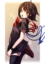 Rule 34 | 1girl, ahoge, asymmetrical wings, black hair, black thighhighs, blush, brown footwear, clothes pull, dress, eredhen, flying sweatdrops, gradient background, highres, houjuu nue, loafers, looking at viewer, open mouth, red eyes, shoes, short dress, short hair, short sleeves, skirt, skirt pull, solo, thighhighs, touhou, wings, zettai ryouiki