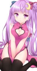 Rule 34 | 1girl, alternate costume, bad id, bad pixiv id, black thighhighs, blush, china dress, chinese clothes, cleavage cutout, close-up, clothing cutout, crescent, crescent hair ornament, double bun, dress, etou (cherry7), female focus, hair bun, hair ornament, hair ribbon, heart, heart cutout, highres, long hair, no panties, patchouli knowledge, pink dress, purple eyes, purple hair, ribbon, shiny skin, simple background, sitting, solo, thighhighs, touhou, wariza, white background