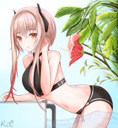 Rule 34 | 1girl, bad id, bad pixiv id, bare shoulders, bikini, black bikini, blonde hair, blush, breasts, commentary request, flower, girls&#039; frontline, hair between eyes, hair ornament, hibiscus, ladder, large breasts, leaf, leaf background, long hair, looking at viewer, m4 sopmod ii (girls&#039; frontline), open mouth, plant, pool, red eyes, red flower, red hair, ryn (rinorea), short hair, short hair with long locks, sidelocks, simple background, solo, swimsuit, tree, water, white background