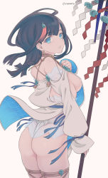 Rule 34 | 1girl, ass, bare shoulders, black hair, blue eyes, blue ribbon, breasts, dress, fate/grand order, fate (series), fundoshi, highres, japanese clothes, long sleeves, looking at viewer, looking back, magatama, medium hair, multicolored hair, puffy long sleeves, puffy sleeves, red hair, ribbon, seigaiha, short dress, sideboob, simple background, standing, streaked hair, two-sided fabric, two-sided skirt, utsumi erice, vinhnyu, white dress