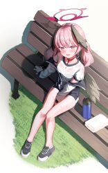Rule 34 | absurdres, bench, blue archive, bottle, gym shirt, gym shorts, gym uniform, highres, j.j (66752902), jacket, jaejin0914, koharu (blue archive), long sleeves, open clothes, open jacket, open mouth, outdoors, pants, pink eyes, pink hair, shirt, shoes, shorts, sneakers, sweat, towel, track jacket, track pants, twintails, water bottle, wet