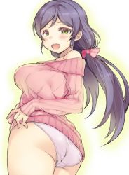 Rule 34 | 10s, 1girl, :d, blush, bow, breasts, duke (inu daimyou), green eyes, hair bow, large breasts, long sleeves, looking at viewer, looking back, love live!, love live! school idol festival, love live! school idol project, no pants, off-shoulder, off-shoulder sweater, off shoulder, open mouth, panties, pink bow, pink sweater, purple hair, smile, solo, standing, sweater, tojo nozomi, twintails, underwear, white panties