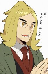 Rule 34 | 1boy, black vest, blonde hair, collared shirt, commentary request, creatures (company), flipped hair, game freak, green jacket, hand up, hassel (pokemon), jacket, lower teeth only, male focus, medium hair, necktie, nintendo, open clothes, open jacket, open mouth, orange eyes, pokemon, pokemon sv, red necktie, saikei, shirt, solo, teeth, tongue, translation request, upper body, vest, white shirt