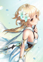 Rule 34 | 1girl, bare shoulders, blonde hair, blush, breasts, capelet, cleavage, dress, flower, gauntlets, genshin impact, hair flower, hair ornament, hand on own chest, highres, lumine (genshin impact), medium breasts, nkco75, solo, white capelet, white dress, white flower, white petals, yellow eyes