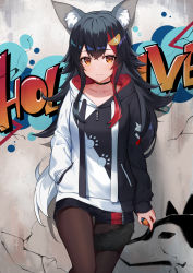 Rule 34 | 1girl, against wall, animal ears, black choker, black hair, black shorts, blush, brown pantyhose, choker, closed mouth, collarbone, copyright name, cowboy shot, graffiti, hand in pocket, highres, holding, hololive, hood, hood down, hoodie, isaya (pixiv4541633), long hair, long sleeves, looking at viewer, multicolored hair, ookami mio, ookami mio (casual), orange eyes, pantyhose, pantyhose under shorts, red hair, short shorts, shorts, smile, solo, streaked hair, tail, tail wrap, two-tone hair, two-tone hoodie, virtual youtuber, wolf ears, wolf girl, wolf tail