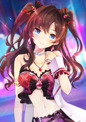 Rule 34 | 10s, 1girl, :3, armlet, bare shoulders, bead necklace, beads, black bow, blue eyes, blush, bow, breasts, brooch, brown hair, bustier, cleavage, closed mouth, collarbone, earrings, hair bow, head tilt, highres, ichinose shiki, idol, idolmaster, idolmaster cinderella girls, jewelry, long hair, looking at viewer, medium breasts, midriff, minato (shouno), navel, necklace, smile, solo, stomach, two side up, upper body, wrist cuffs