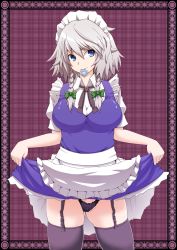 Rule 34 | 1girl, bad id, bad pixiv id, black panties, black thighhighs, blue eyes, braid, breasts, clothes lift, condom, condom in mouth, doseisan (dosei-san), female focus, garter straps, highres, izayoi sakuya, large breasts, legs, maid, maid headdress, mouth hold, panties, short hair, silver hair, skirt, skirt lift, solo, thighhighs, thighs, touhou, twin braids, underwear