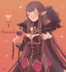 Rule 34 | 1girl, absurdly long hair, bad id, bad pixiv id, black dress, blush, breasts, bridal gauntlets, character name, cleavage, closed eyes, cowboy shot, cup, dress, drinking glass, fate/apocrypha, fate/grand order, fate (series), fur trim, highres, holy grail (fate), long dress, long hair, pazet0, pointy ears, semiramis (fate), solo, very long hair, wine glass