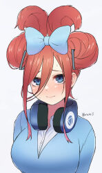 Rule 34 | 1girl, 3:, alternate hairstyle, artist name, blue bow, blue eyes, blue sweater, blush, bow, breasts, brown hair, cinnamiku hairstyle, collared shirt, commentary request, embarrassed, eyebrows hidden by hair, frown, furrowed brow, go-toubun no hanayome, hair bow, hair over one eye, headphones, headphones around neck, highres, irarei (araisanblog), large breasts, long hair, looking at viewer, nakano miku, paid reward available, partial commentary, school uniform, shirt, sidelocks, simple background, solo, straight-on, sweat, sweater, twitter username, upper body, white background, white shirt