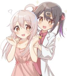 Rule 34 | + +, :d, ?, ahoge, black hair, blush, bolo tie, brown eyes, commentary request, dress, hair ornament, hairclip, hands on another&#039;s shoulders, highres, lab coat, long hair, long sleeves, looking at viewer, multicolored hair, onii-chan wa oshimai!, open mouth, oyama mahiro, oyama mihari, pink dress, pink hair, purple hair, red shirt, shirt, siblings, simple background, sisters, sleeveless, sleeveless dress, smile, twintails, two-tone hair, white background, wing collar, yunagi (yng hoti)