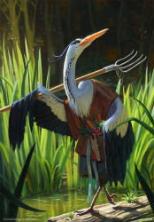 Rule 34 | artist name, brown shirt, carrot, day, ebenherzart, feathered wings, full body, furry, holding, holding pitchfork, humblewood, looking up, official art, outdoors, pitchfork, pond, shirt, shorts, standing, walking, wings
