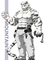 Rule 34 | 1boy, abs, absurdres, animal ears, arknights, bara, bulge, furry, furry male, hazama jin, highres, large pectorals, looking at viewer, male focus, mountain (arknights), muscular, muscular male, navel, nipples, pants, pectorals, scar, scar across eye, scar on arm, short hair, solo, standing, strongman waist, thick eyebrows, tiger boy, tiger ears, topless male, white fur, white hair