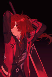 Rule 34 | 1boy, arms behind head, arms up, black pants, closed mouth, coat, diluc (genshin impact), diluc (red dead of night) (genshin impact), genshin impact, gradient background, greatsword, hair between eyes, highres, long hair, looking at viewer, male focus, open clothes, open coat, pants, ponytail, red eyes, red hair, simple background, solo, sword, weapon, yamimumemo
