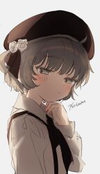 Rule 34 | 1girl, ahoge, arm at side, backlighting, beret, blush, brown eyes, brown hair, closed mouth, collared shirt, dated, fingernails, flower, from side, grey eyes, grey hair, half-closed eyes, hand on own chin, hand up, hat, hat flower, hat ribbon, hatoba tsugu, head tilt, highres, light, light frown, long sleeves, looking to the side, medium hair, mole, mole under eye, neck ribbon, raised eyebrows, ribbon, sha2mo, shirt, signature, simple background, single hair ring, solo, suspenders, tsugu (vtuber), white background, white flower, white shirt