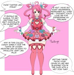 Rule 34 | 1girl, ahoge, breasts, cleavage, cleavage cutout, clothing cutout, dress, eyebrows, heart, heart cutout, highres, long hair, mantisshrimpp, matching hair/eyes, open mouth, personification, pink eyes, pink hair, sweethearts (candy), text focus