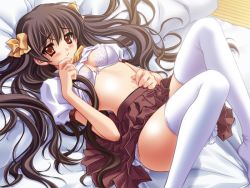 Rule 34 | 1girl, bed, blouse, bow, bowtie, bra, breasts, breasts apart, brown hair, carnelian, cleavage, clothes lift, embarrassed, fingernails, from above, game cg, hair between eyes, hand to own mouth, indoors, jouheikun no hanikami life, lingerie, long fingernails, long hair, lying, miniskirt, panties, pantyshot, red eyes, shirt, shirt lift, skirt, solo, thighhighs, thighs, underwear, very long hair, white panties, white shirt, white thighhighs, yellow bow, yellow bowtie