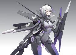 Rule 34 | 1girl, alternate breast size, breasts, brown eyes, cdlo, closed mouth, cyborg, grey hair, hair between eyes, hair ornament, headgear, holding, holding shield, joints, mechanical parts, mechanical wings, medium breasts, punishing: gray raven, robot joints, rosetta (punishing: gray raven), shield, sidelocks, solo, weapon, wings, x hair ornament