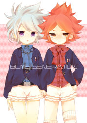 Rule 34 | 2boys, blush, english text, frown, holding hands, hand on own hip, hip focus, inazuma eleven, inazuma eleven (series), multiple boys, nagumo haruya, open mouth, purple eyes, red hair, short hair, shorts, suzuno fuusuke, trap, vest, white hair
