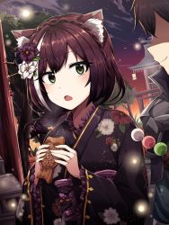 Rule 34 | 1boy, 1girl, absurdres, animal ear fluff, animal ears, armor, bad id, bad pixiv id, black hair, black kimono, blush, braid, brown gloves, cat ears, closed mouth, commentary request, crown braid, dango, faceless, faceless male, floral print, flower, food, frilled sleeves, frills, gloves, hair flower, hair ornament, highres, holding, holding food, japanese clothes, karyl (new year) (princess connect!), karyl (princess connect!), kimono, lix (iroiro3843), long hair, long sleeves, multicolored hair, obi, open mouth, outdoors, pagoda, pauldrons, princess connect!, print kimono, purple flower, sanshoku dango, sash, shaded face, shoulder armor, smile, solo focus, streaked hair, sunset, taiyaki, wagashi, white flower, white hair, wide sleeves, yuuki (princess connect!)
