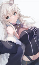 Rule 34 | 1girl, animal ears, archer (deec1220), bare shoulders, black jacket, black shirt, blush, breasts, cleavage, commentary, crop top, ear piercing, fur-trimmed jacket, fur trim, grey background, grey eyes, grey hair, grey skirt, hair between eyes, highres, hololive, jacket, jacket partially removed, jewelry, large breasts, lion ears, long hair, looking at viewer, messy hair, midriff, navel, necklace, off shoulder, open clothes, open jacket, parted lips, piercing, see-through, see-through cleavage, shirt, shishiro botan, shishiro botan (1st costume), side slit, sidelocks, simple background, skin tight, skirt, sleeveless, sleeveless shirt, solo, surprised, virtual youtuber, w arms, zipper skirt