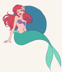 Rule 34 | 1girl, ariel (disney), arm support, arms at sides, bikini, bikini top only, blue background, blue eyes, breasts, circle, collarbone, disney, eyelashes, flat color, floating hair, flower, full body, grey background, hair flower, hair ornament, highres, light smile, long hair, looking up, medium breasts, mermaid, monster girl, navel, open mouth, purple bikini, red hair, red lips, shell, shell bikini, signature, simple background, solo, swimsuit, teeth, the little mermaid, tongue, two-tone background, u-min, white flower