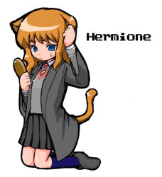 Rule 34 | 1girl, animal ears, blue eyes, cat ears, cat tail, comb, harry potter (series), hermione granger, solo, tail, wizarding world