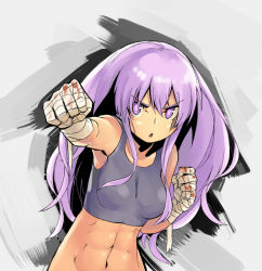 Rule 34 | 1girl, abs, bad id, bad pixiv id, bandages, blood, clenched hands, kiwa (a-bell-abi), long hair, muscular, navel, original, punching, purple eyes, purple hair, solo
