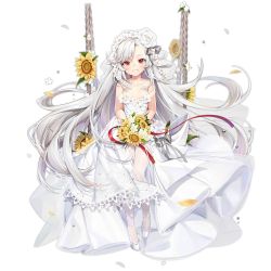 Rule 34 | 1girl, all fours, arm support, bare shoulders, blush, breasts, bridal veil, collarbone, douya (233), dress, flower, from behind, full body, girls&#039; frontline, gun, hair between eyes, hair flower, hair ornament, handgun, long hair, looking at viewer, looking back, makarov (a certain unscientific sunflower) (girls&#039; frontline), makarov (girls&#039; frontline), medium breasts, official alternate costume, official art, pantyhose, petals, red eyes, solo, sunflower, torn clothes, torn dress, torn pantyhose, transparent background, trigger discipline, veil, very long hair, weapon, white dress, white hair, white pantyhose