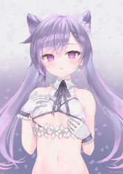 Rule 34 | 1girl, :o, absurdres, areola slip, bare shoulders, bikini, black ribbon, blush, braid, breasts, clover (cloversoya), cone hair bun, earrings, flower earrings, frilled gloves, frills, genshin impact, gloves, gradient background, hair bun, hands on own chest, highres, jewelry, keqing (genshin impact), long hair, looking at viewer, medium breasts, navel, neck ribbon, parted lips, petals, purple background, purple eyes, purple hair, ribbon, solo, stomach, swimsuit, twintails, twitter username, underboob, upper body, white bikini