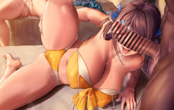 Rule 34 | 1boy, 2girls, after vaginal, aftersex, bar censor, bikini, braid, breasts, brown hair, censored, chougei (kancolle), cum, cum in pussy, cumdrip, erection, hair ornament, hair rings, hairclip, kantai collection, large breasts, long hair, moose (moosemitchell2), multiple girls, navel, official alternate costume, penis, penis on face, penis over eyes, pussy, swimsuit, twin braids, whale hair ornament, yellow bikini